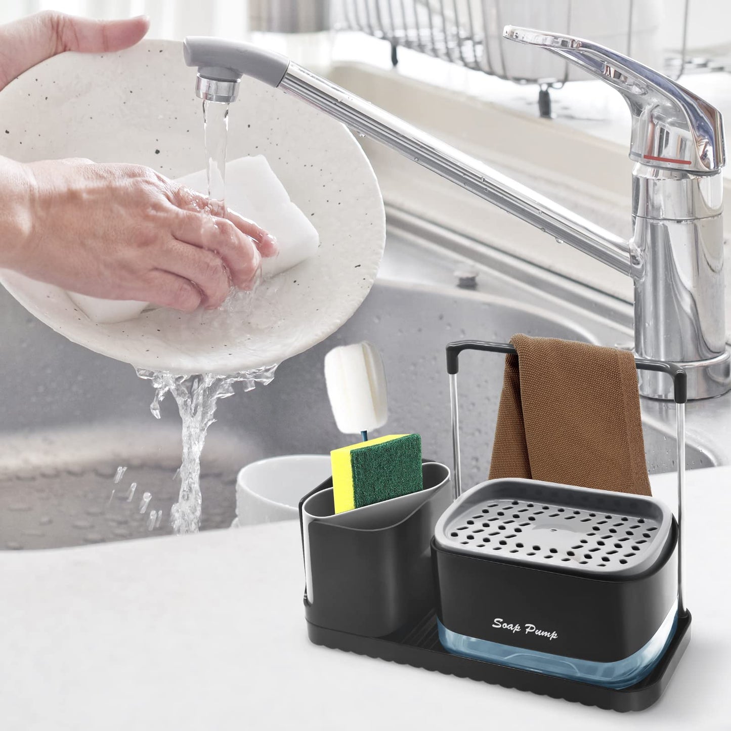 Soap Dispenser with Sponge Holder, SYOUACEND Dish Soap Dispenser and Caddy Set 4-in-1 Sponge Holder for Kitchen Sink Caddy Organizer Detachable Soap Pump Dispensing with Brush Holder