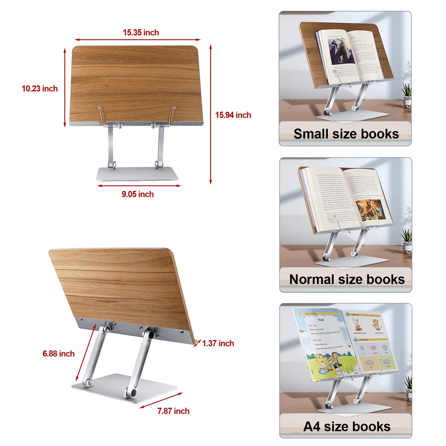 Shikha Adjustable Book Stand Wooden Book Holders for Reading Hands-Free Holder for Laptop Phone Tablet with Wooden Pad, 2 Spring Clips.
