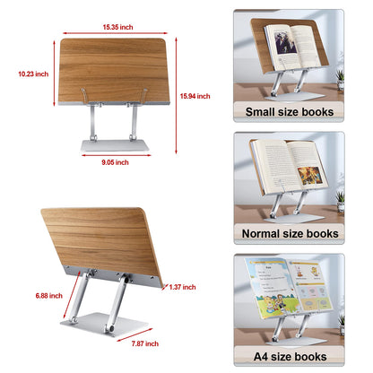 Shikha Adjustable Book Stand Wooden Book Holders for Reading Hands-Free Holder for Laptop Phone Tablet with Wooden Pad, 2 Spring Clips.