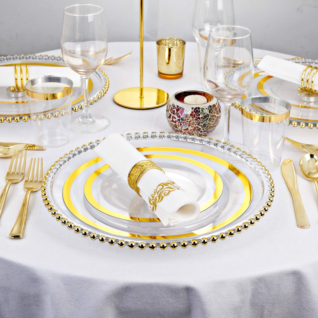 YOUBET 210PCS Clear Gold Plastic Dinnerware - Gold Plastic Plates and Gold Dinnerware Includes: 30 Dinner Plates, 30 Dessert Plates, 30 Gold Cups, 30 Napkins for Party & Wedding