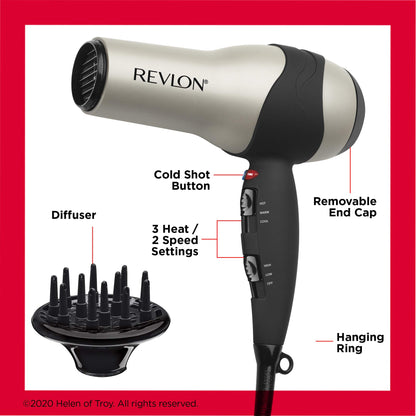 REVLON Turbo Hair Dryer with Advanced Ionic Technology, Ceramic Coating | Turbo Heat and Cold Shot Features, 1875 Watts for Fast Drying and Shine (Silver)