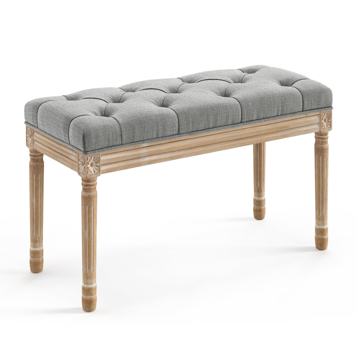 LUE BONA 32" Entryway Bench, Vintage French Tufted End of Bed Bench, Upholstered Fabric Ottoman Bench with Carved Wood Legs for Bedroom,Dining Bench Piano Stool for Living Room,Foyer,Gray