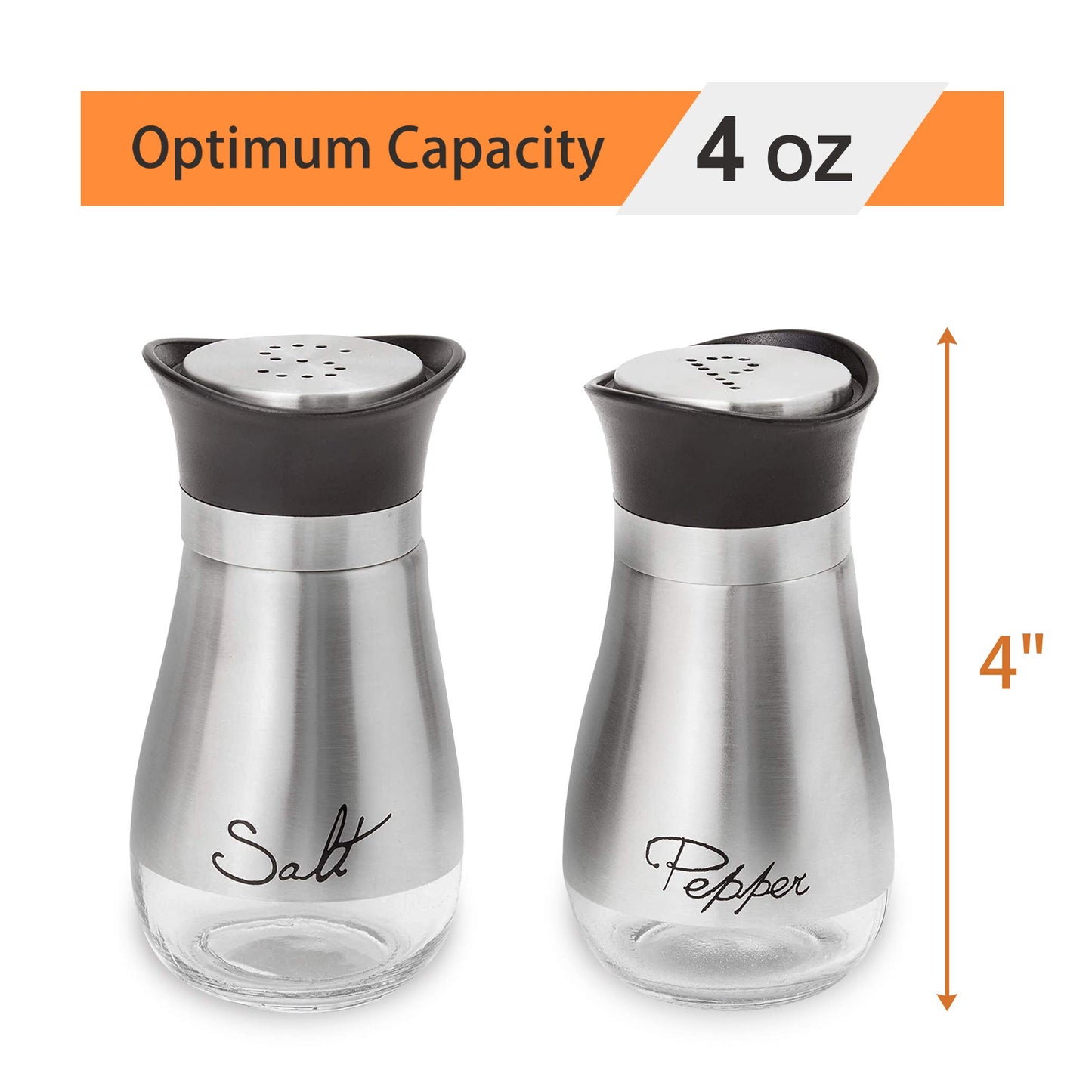 Lonffery Salt and Pepper Shakers Set, Salt Containers for Gifts, Kitchen Decor with Stainless Steel and Glass Bottle, Set of 2