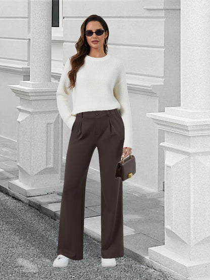 COPYLEAF Womens Dress Pants Wide Leg Stretchy Work Pants with Pockets Elastic Waist Pleated Front Business Casual Slacks(Brown M)