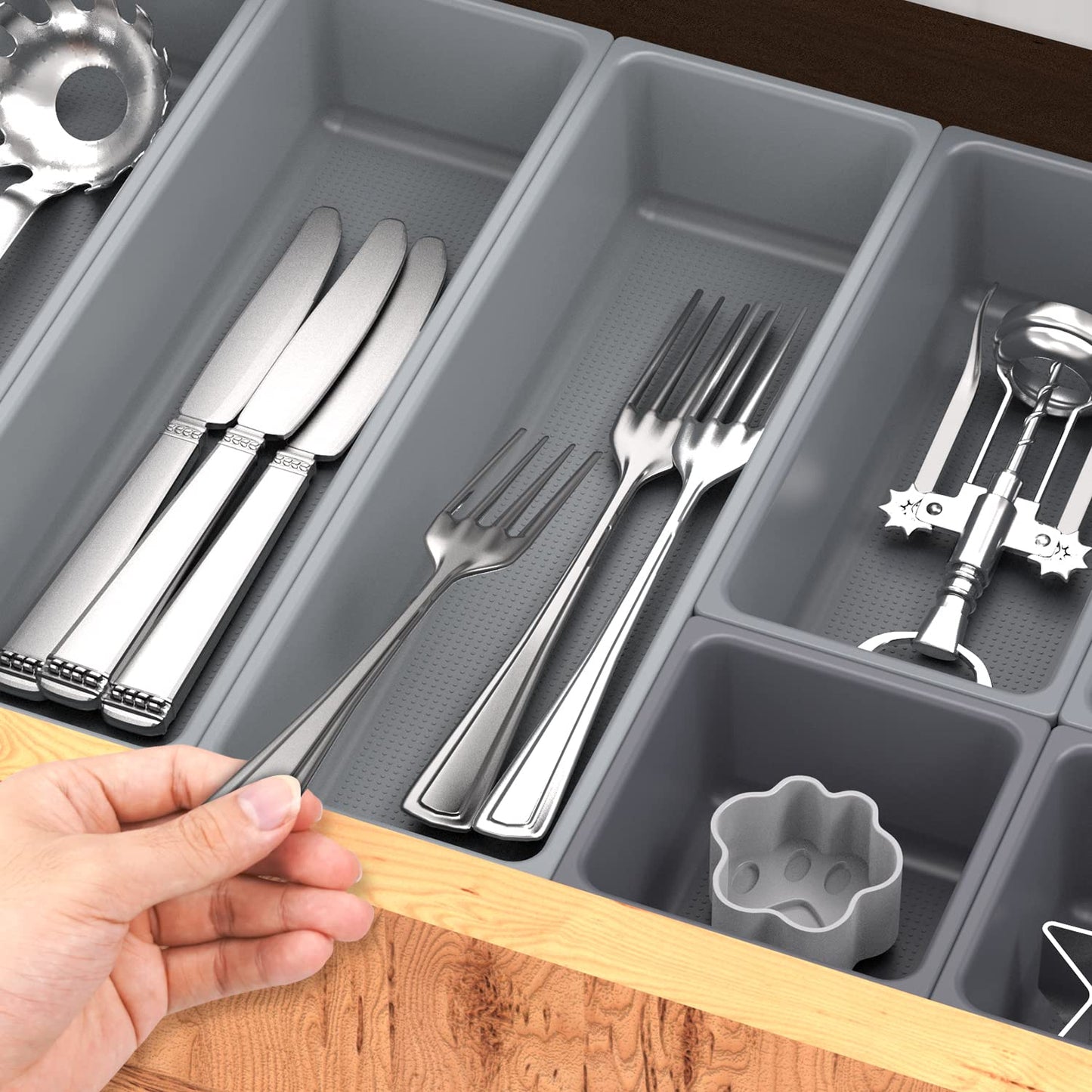 OFFSIR Junk Drawer Organizer, Kitchen Silverware Utensil Drawers Organizers and Storage, Cutlery Trays Small Plastic Holder Bins Set, Kitchen Accessories for Desk Office Bathroom Restroom