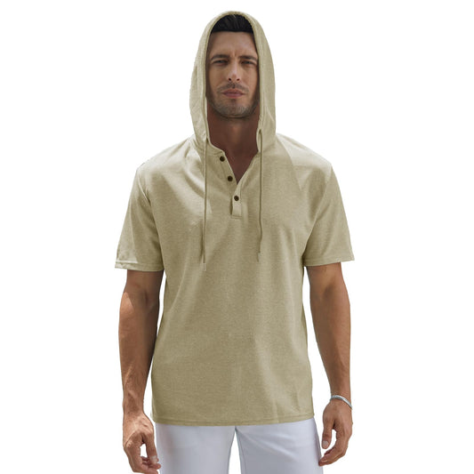 Muscle Killer Men's Henley Short Sleeve Casual Basic Hooded Tee Summer Button Henley Waffle T Shirt Hoodie White