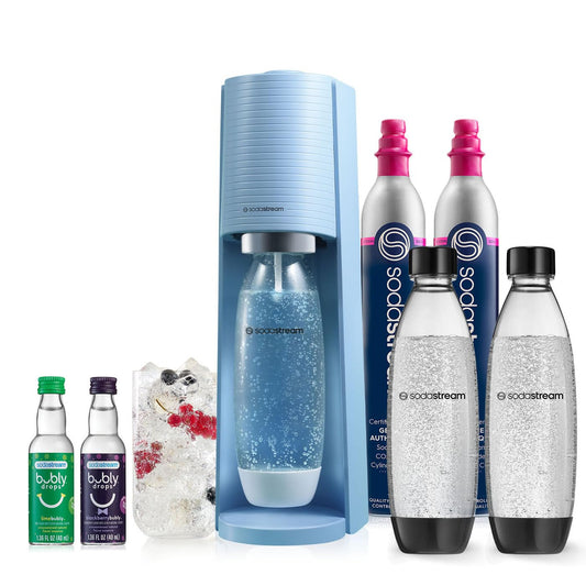 SodaStream Terra Sparkling Water Maker Bundle (Misty Blue), with CO2, DWS Bottles, and Bubly Drops Flavors