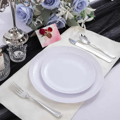 UPDATE: DEAD ❗ YOUBET 150 PCS White Plastic Plates & Silver Plastic Silverware-White and Silver Plastic Dinnerware include 30White Dinner Plates, 30 White Plates, 30Silver Cutlery Perfect for Wedding Party