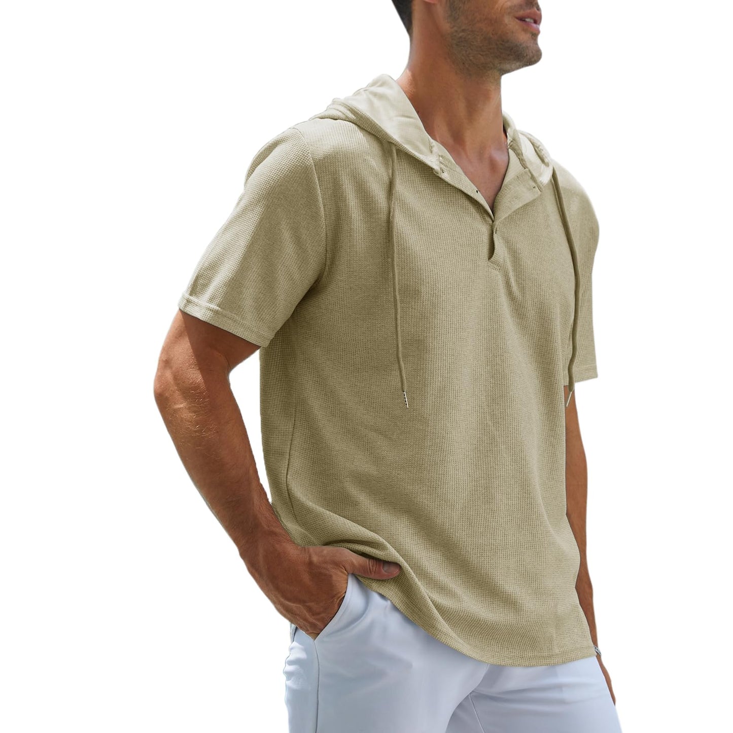 Muscle Killer Men's Henley Short Sleeve Casual Basic Hooded Tee Summer Button Henley Waffle T Shirt Hoodie White