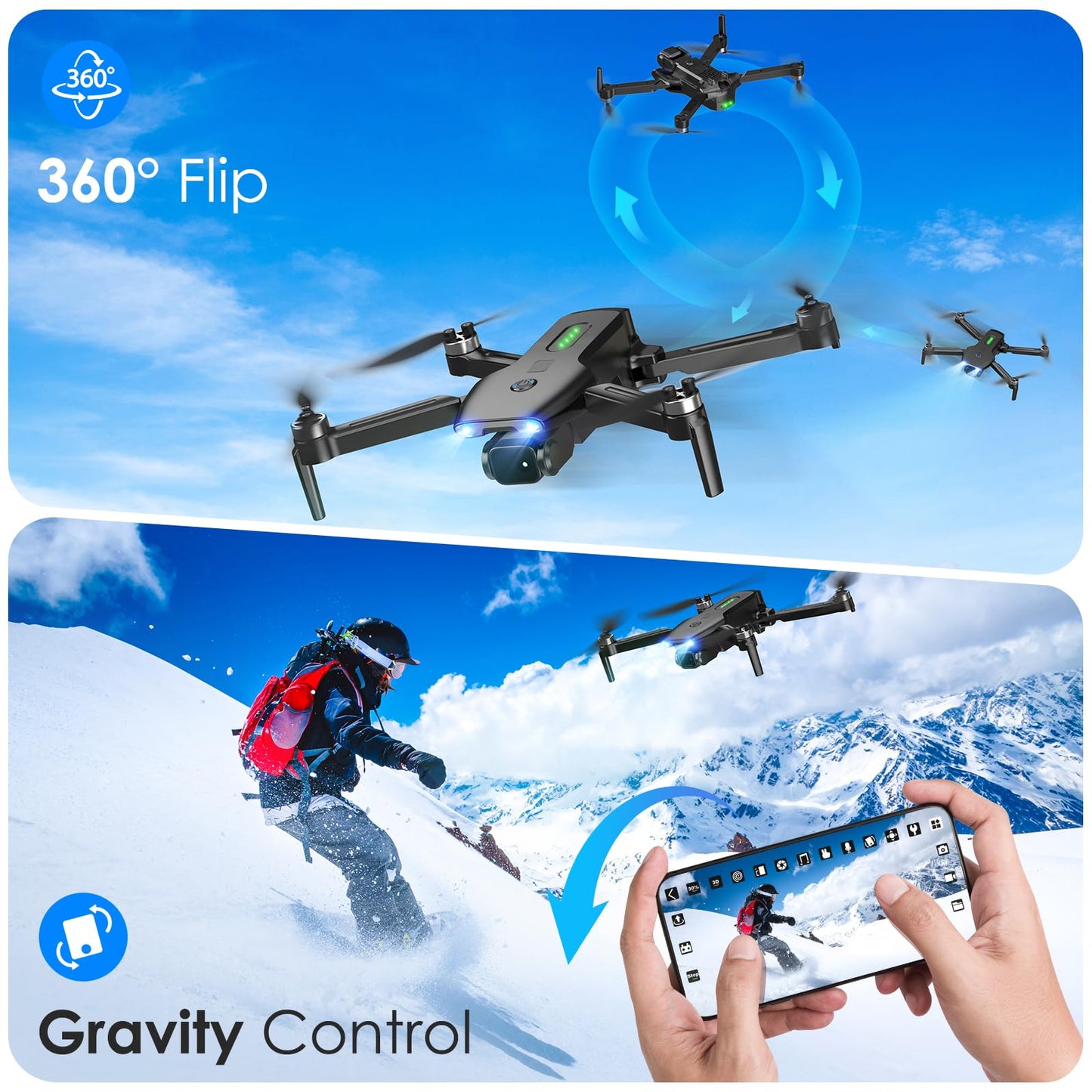 Drone with Camera, Brushless Motor 1080P FPV Drone with 2 Batteries, One Key Take Off/Land, 360 Flips, Waypoint Fly, Altitude Hold, Gravity Control, Foldable Mini Drones for Kids 14+, Beginner