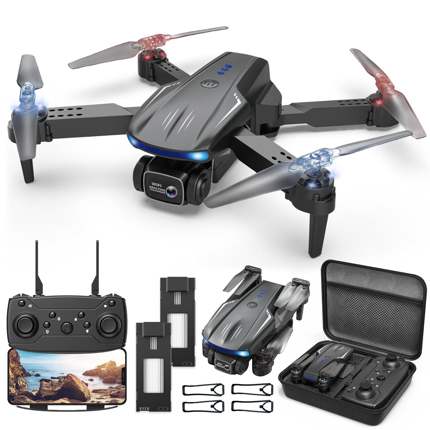 X-shop Drone with Camera 1080P HD for Kids Adults, Foldable FPV Mini Drone with 2 Batteries, One Key Take Off/Land, Altitude Hold, Headless Mode, Gravity Control, Gestures Selfie, 360°Flip, 3 Speed Mode, Waypoint Fly