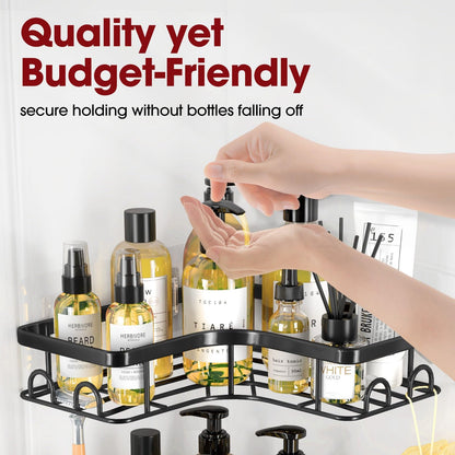 Sakugi Corner Shower Caddy - 2 Pack, Adhesive Shower Organizers, Rustproof Stainless Steel Shower Shelves with 8 Hooks, No Drilling Bathroom Organizers and Storage Racks, Space-Saving, Black,Medium