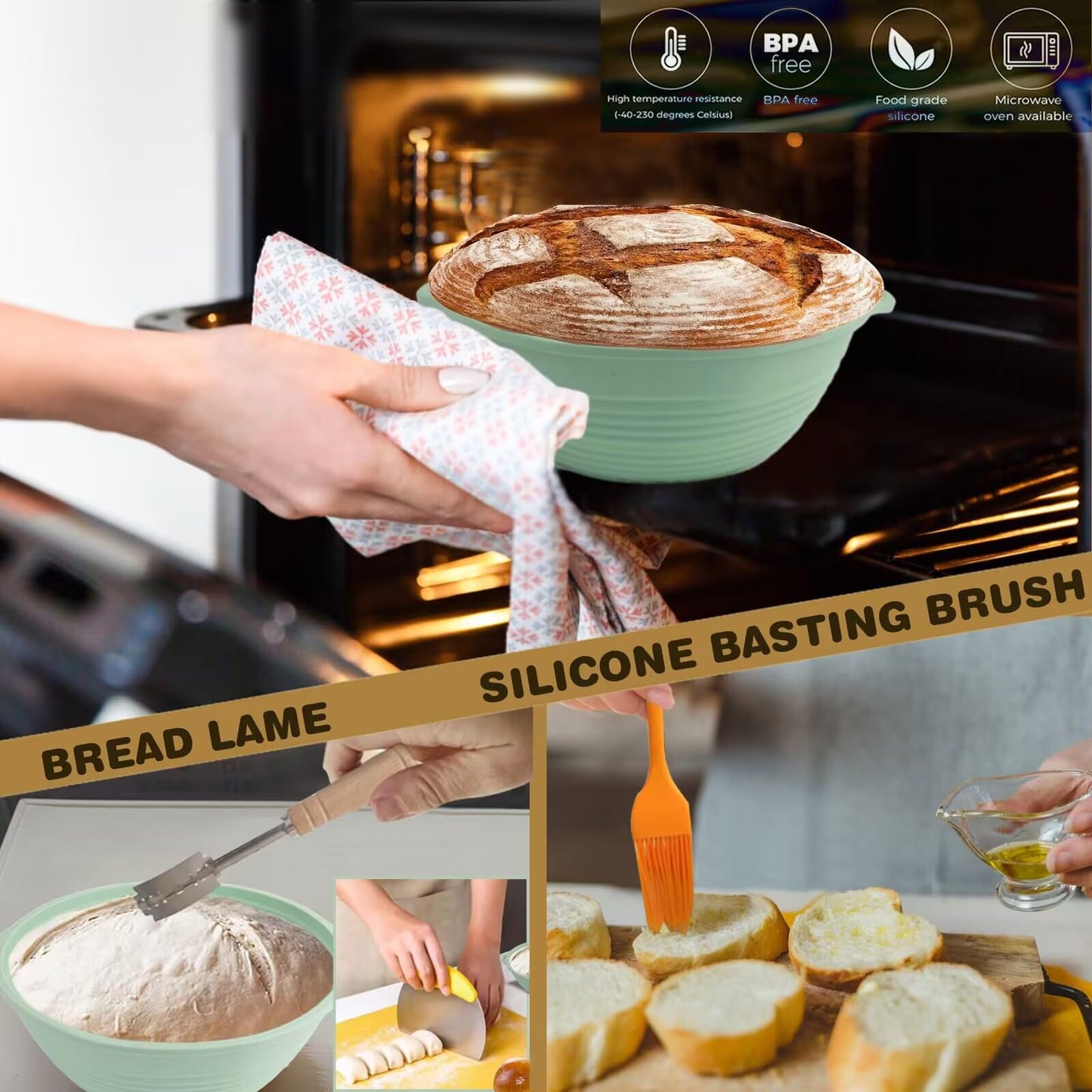 Upgraded Silicone Sourdough Bread Proofing Baskets - Including steel rings, Sourdough Starter Kit, 9 Inch Round Foldable Sourdough Baking Basket (Green)