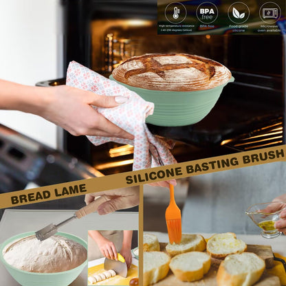 Upgraded Silicone Sourdough Bread Proofing Baskets - Including steel rings, Sourdough Starter Kit, 9 Inch Round Foldable Sourdough Baking Basket (Green)