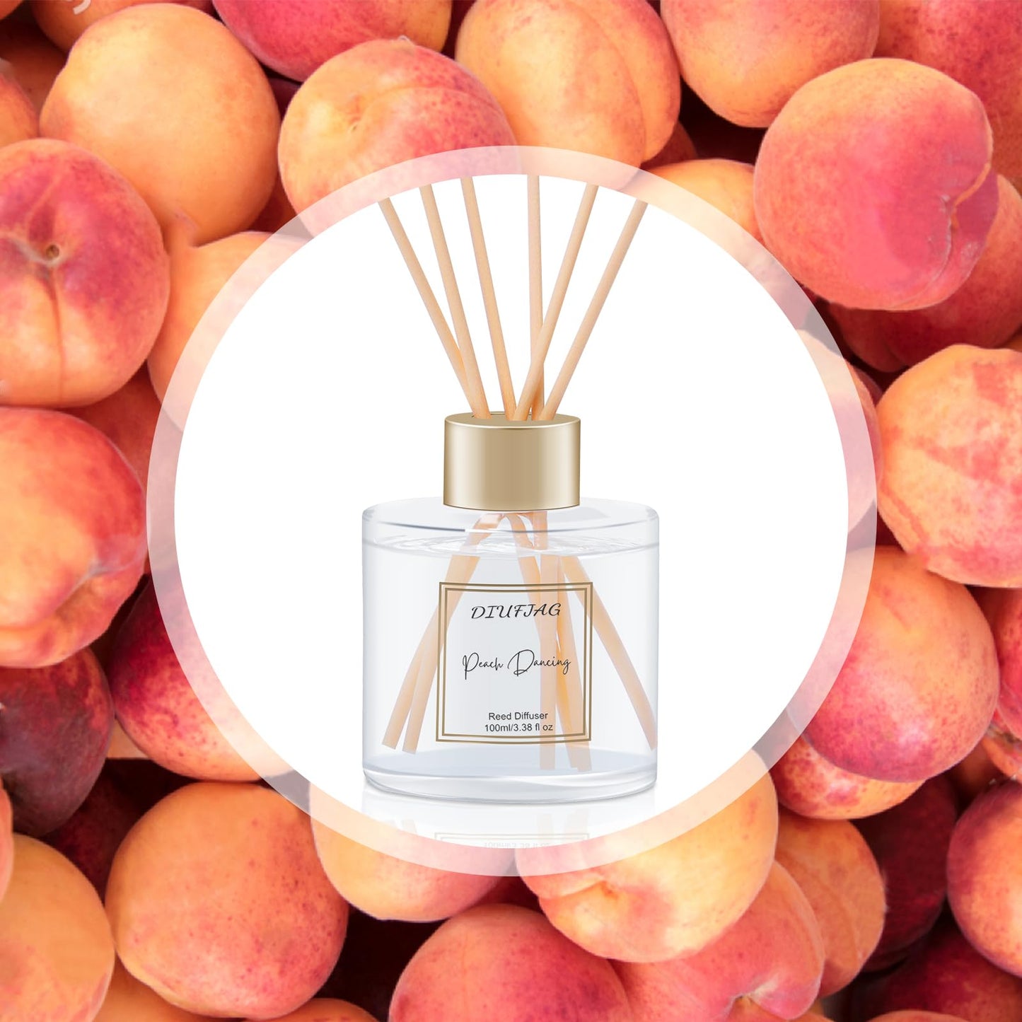100ml Scent Diffuser with 6 Fiber Sticks, 3.5 oz Reed Diffuser Set Aromatherapy Fragrance Diffusers Air Fresheners for Home Bedroom Bathroom (Peach)