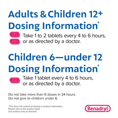 Benadryl Ultratabs Antihistamine Allergy Relief Medicine, Diphenhydramine HCl Tablets for Relief of Cold & Allergy Symptoms Such as Sneezing, Runny Nose, & Itchy Eyes & Throat, 100 ct