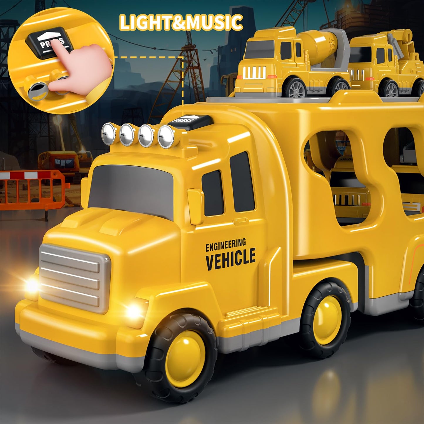 GoAnnieGo Construction Truck Toys Cars for Toddlers 3-5 - 5-in-1 Friction Power Vehicle Toy 3 4 5 6 Year Old Boys, Cranes Bulldozers Transport Trucks, Christmas Birthday Gift for Age 3-9 Boys & Girls
