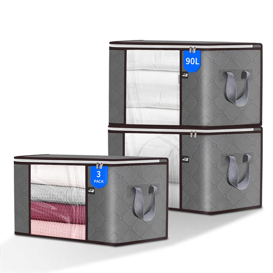 90L Large Storage Bag, 3 Pack Foldable Blanket Storage Bins, Clothing Storage Bins, Foldable Clothes Organizer and Storage Containers with Lids and Handle for Organizing Bedroom, Closet, Clothing