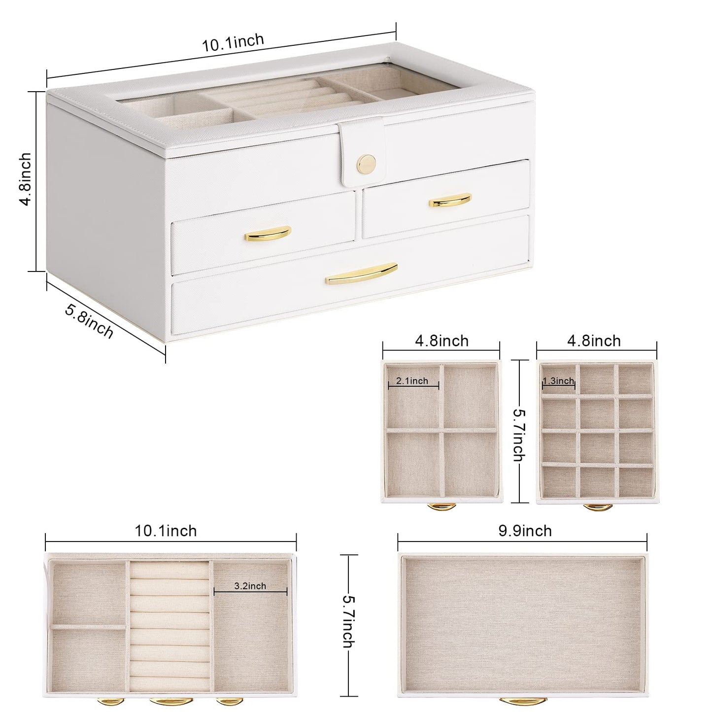 Kadolina Jewelry Box for Women Girls 3 Layers Large Jewelry Organizer with Glass Lid, 3 Drawers Jewelry Storage Case Removable Tray for Earrings Rings Necklace Bracelets Watches (White)