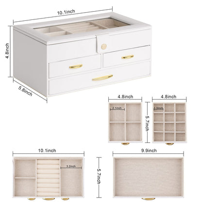 Kadolina Jewelry Box for Women Girls 3 Layers Large Jewelry Organizer with Glass Lid, 3 Drawers Jewelry Storage Case Removable Tray for Earrings Rings Necklace Bracelets Watches (White)