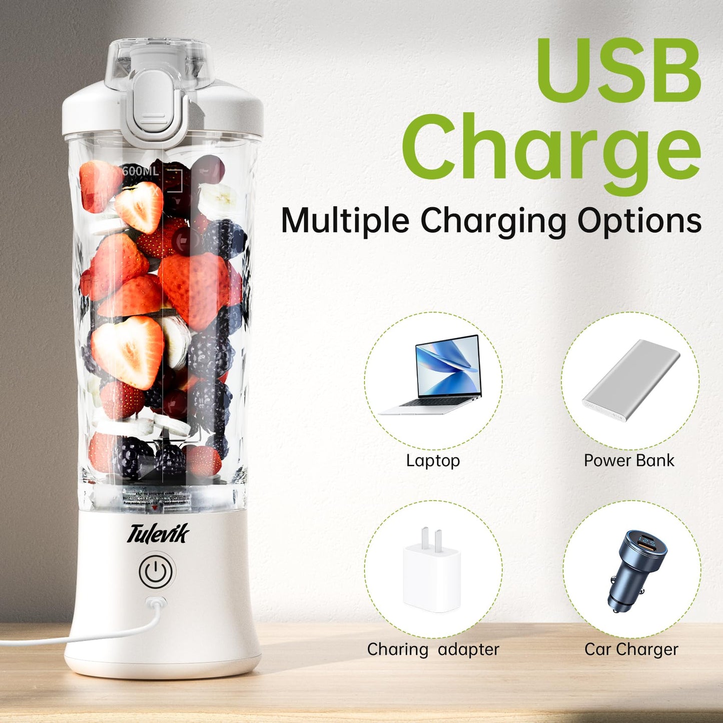 Portable Blender, Personal Size Blenders for Shakes and Smoothies, 20 Oz Mini Smoothies Blender, Kitchen USB Rechargeable Blender Cups with Travel Lid For Kitchen/Gym/Travel/Office, BPA-Free, White