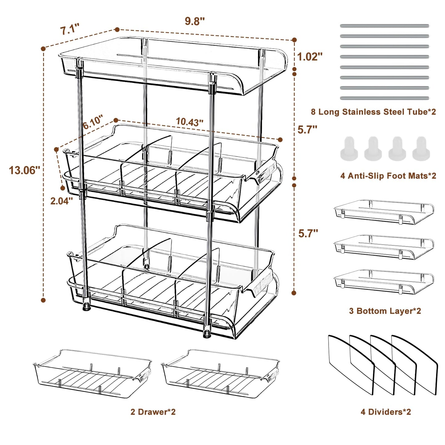 foroyalife 3 Tier 2 Pack Clear Pull-Out Home Organizers with 2pcs Storage Drawers, Multi-Purpose Slide-Out Organizers and Storage, Bathroom Organizer, Kitchen Organizer, Medicine Organizer Cabinet