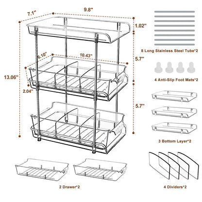foroyalife 3 Tier 2 Pack Clear Pull-Out Home Organizers with 2pcs Storage Drawers, Multi-Purpose Slide-Out Organizers and Storage, Bathroom Organizer, Kitchen Organizer, Medicine Organizer Cabinet