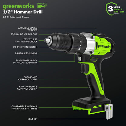 Greenworks 24V Brushless Hammer Drill with Battery