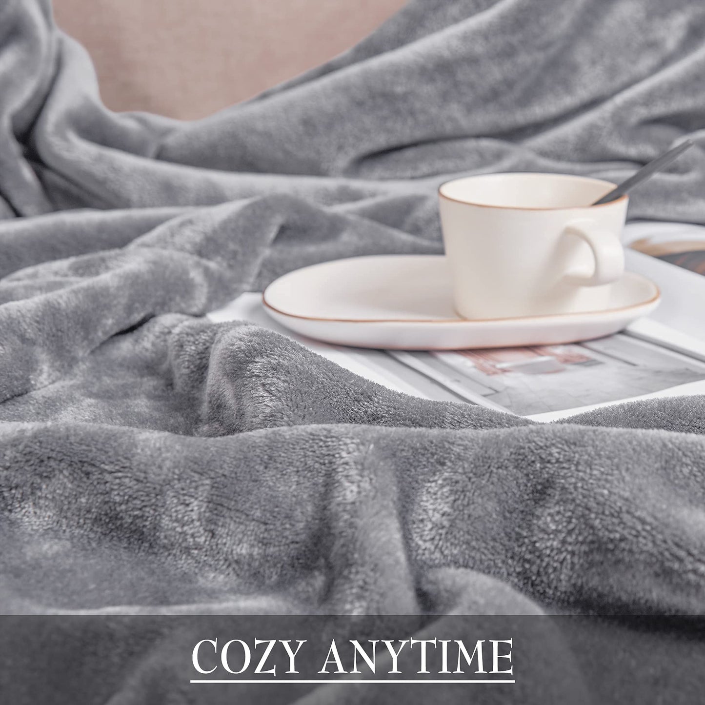 RYB HOME Throw Blanket Grey Fleece Blankets Soft Lightweight Warm and Cozy Light Grey Travel Size Flannel Blanket for Couch Bed Sofa, W50 x L60 inch