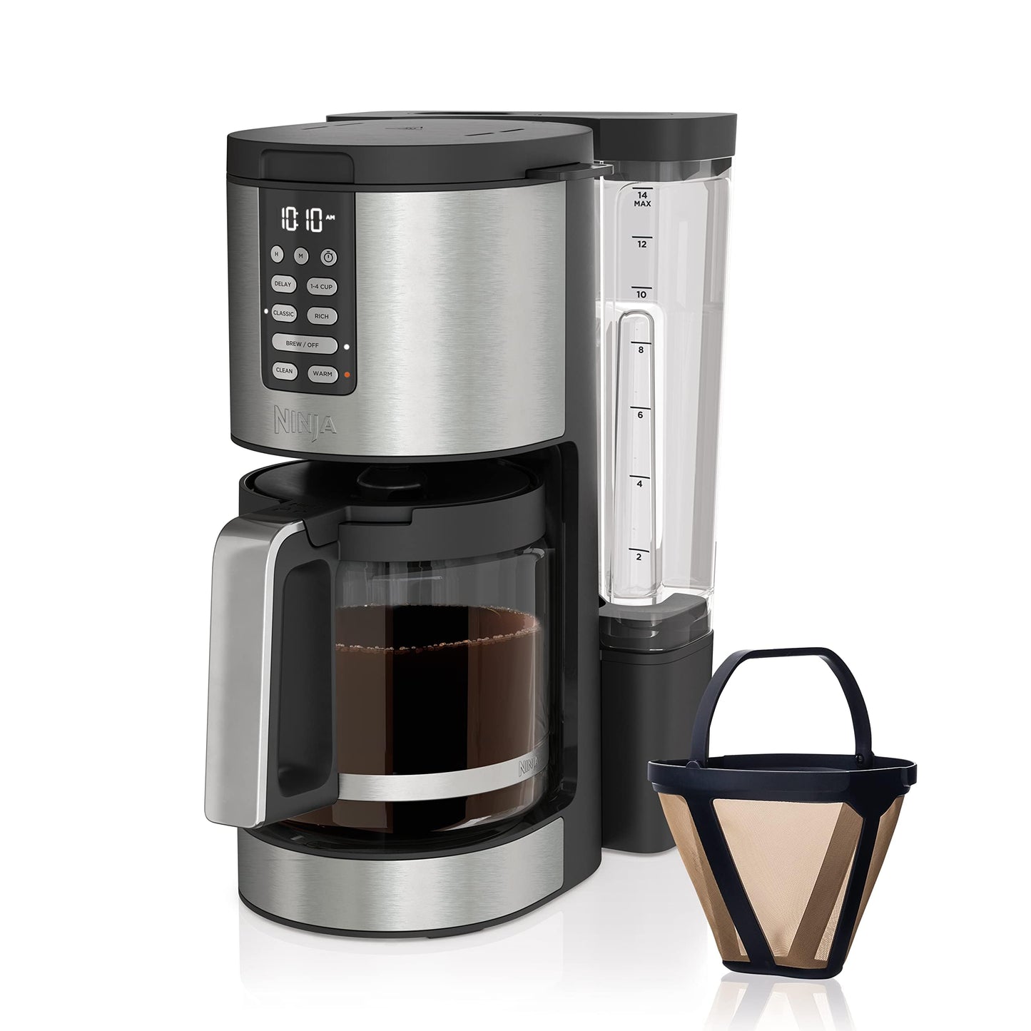 Ninja 14 Cup , Programmable Coffee Maker XL Pro with Permanent Filter, 2 Brew Styles Classic & Rich, 4 Programs Small Batch, Delay Brew, Freshness Timer & Keep Warm, Stainless Steel, DCM201