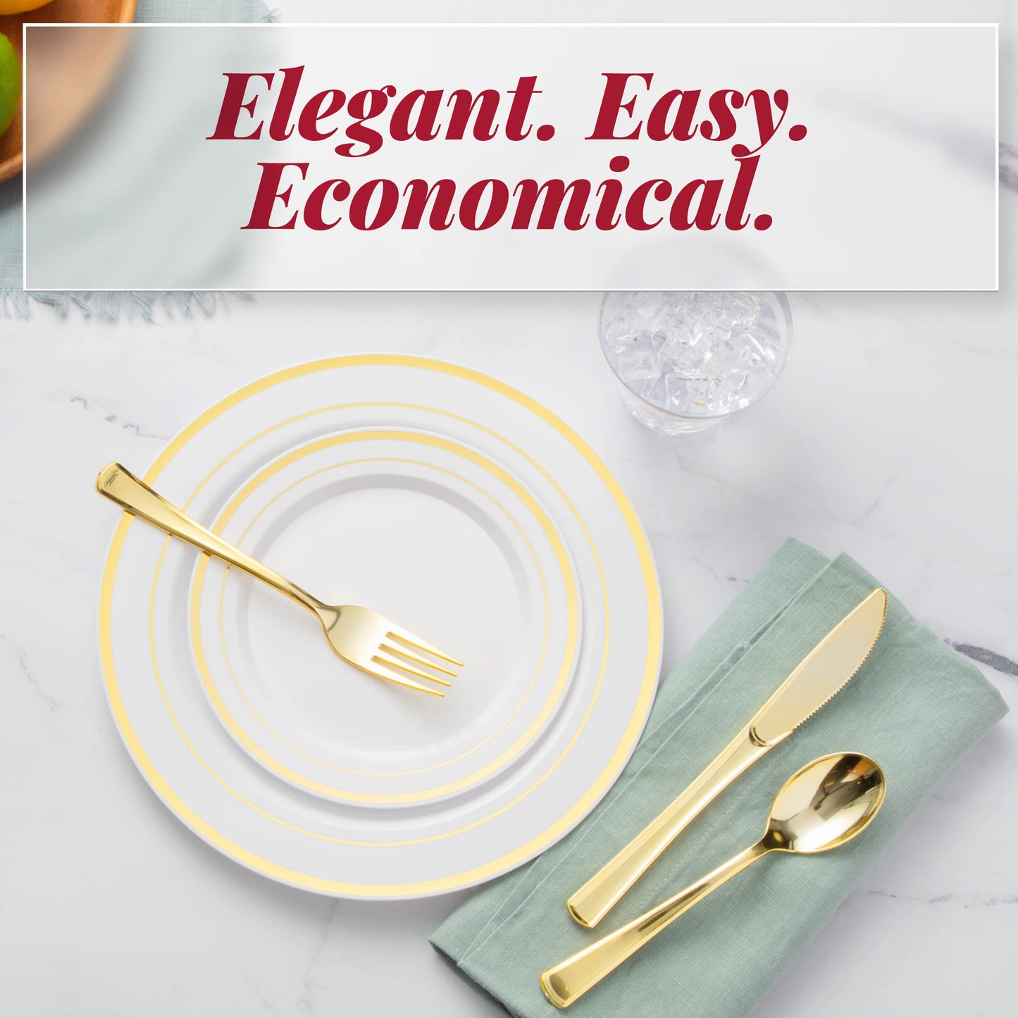 Prestee 600 Piece Disposible Dinnerware Set for 100 Guests - Gold - Reusable Party Supplies Set incl. 100 Big Dinner Plates, 100 Small Salad Plates, 100 Knives, 100 Forks, 100 Spoons and 100 Cups