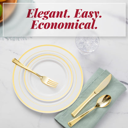 Prestee 600 Piece Disposible Dinnerware Set for 100 Guests - Gold - Reusable Party Supplies Set incl. 100 Big Dinner Plates, 100 Small Salad Plates, 100 Knives, 100 Forks, 100 Spoons and 100 Cups