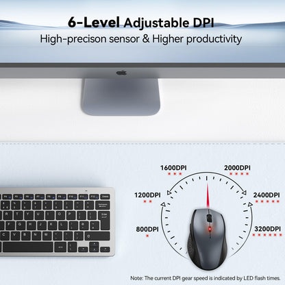 TECKNET Wireless Mouse, 2.4G USB Computer Mouse with 6-Level Adjustable 3200 DPI, 30 Months Battery, Ergonomic Grips, 6 Buttons Portable for PC, Chromebook, Mac - Grey