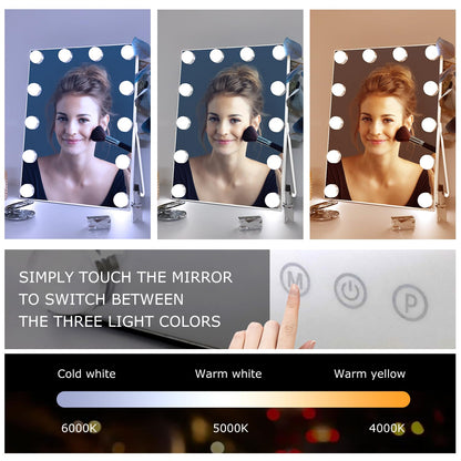 RAHYUN Makeup Mirror with Lights, Vanity Mirror with Lights Hollywood Style, 3 Color Modes, 12 Dimmable LED Bulbs, Touch Control, 360° Rotation, Lightweight & Elegant, 10"x 12"