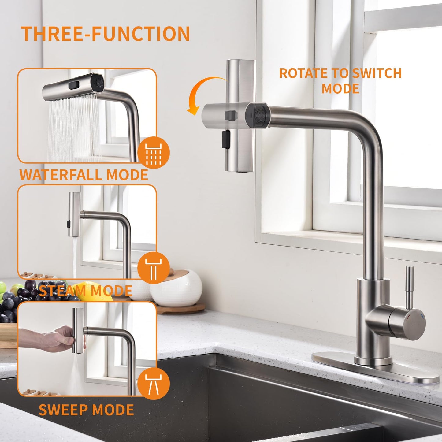 KEER Waterfall Kitchen Faucet with Pull Down Shower, Single Handle and 360° Swivel Stainless Steel Single Hole Kitchen Sink Faucet, Brushed Nickel