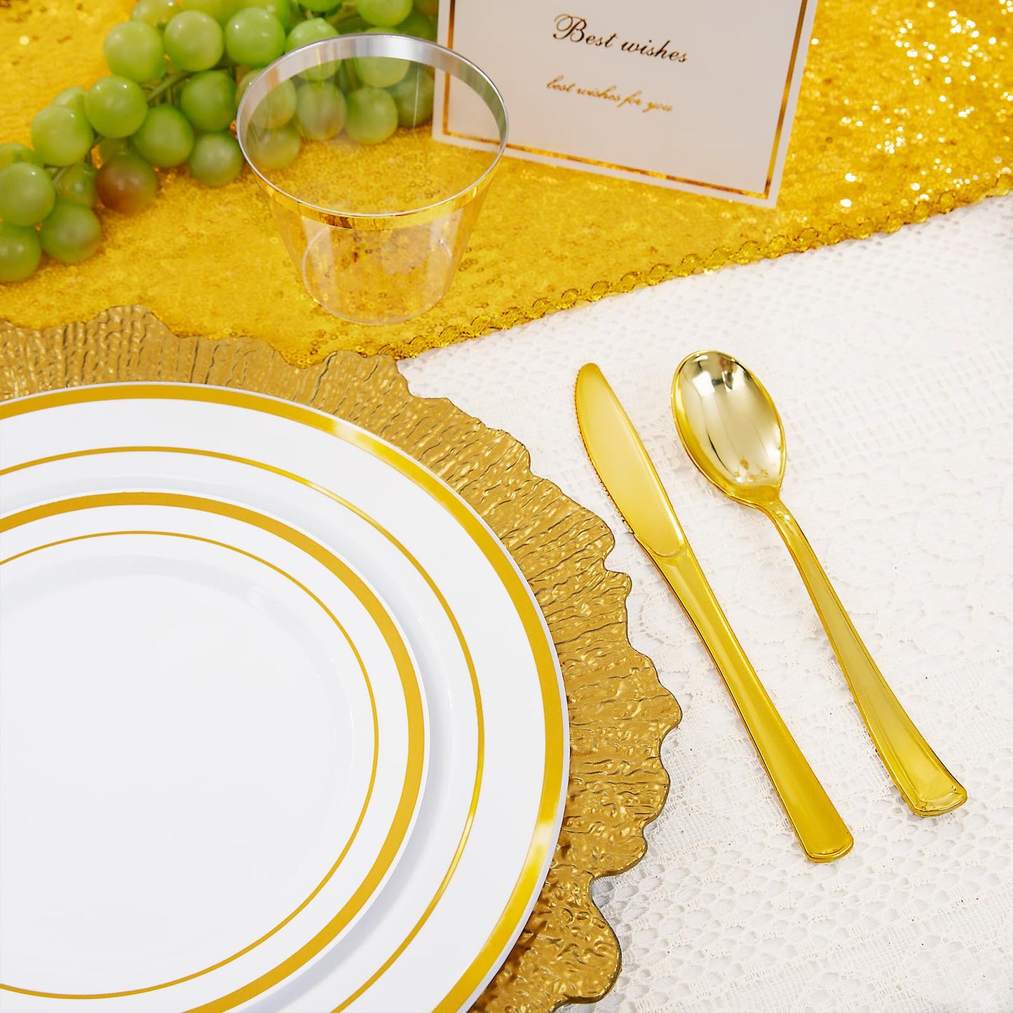 WELLIFE 600 PCS Gold Disposable Dinnerware Set