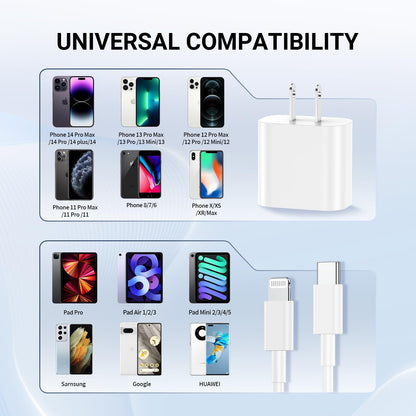 i Phone Charger Fast Charging 10 FT, 3-Pack 20W PD USB C Charger Block with i Phone 14 13 Charger Cable 10 Foot, Compatible with iPhone 14 Pro/13Pro Max/12/11Pro/Mini - White