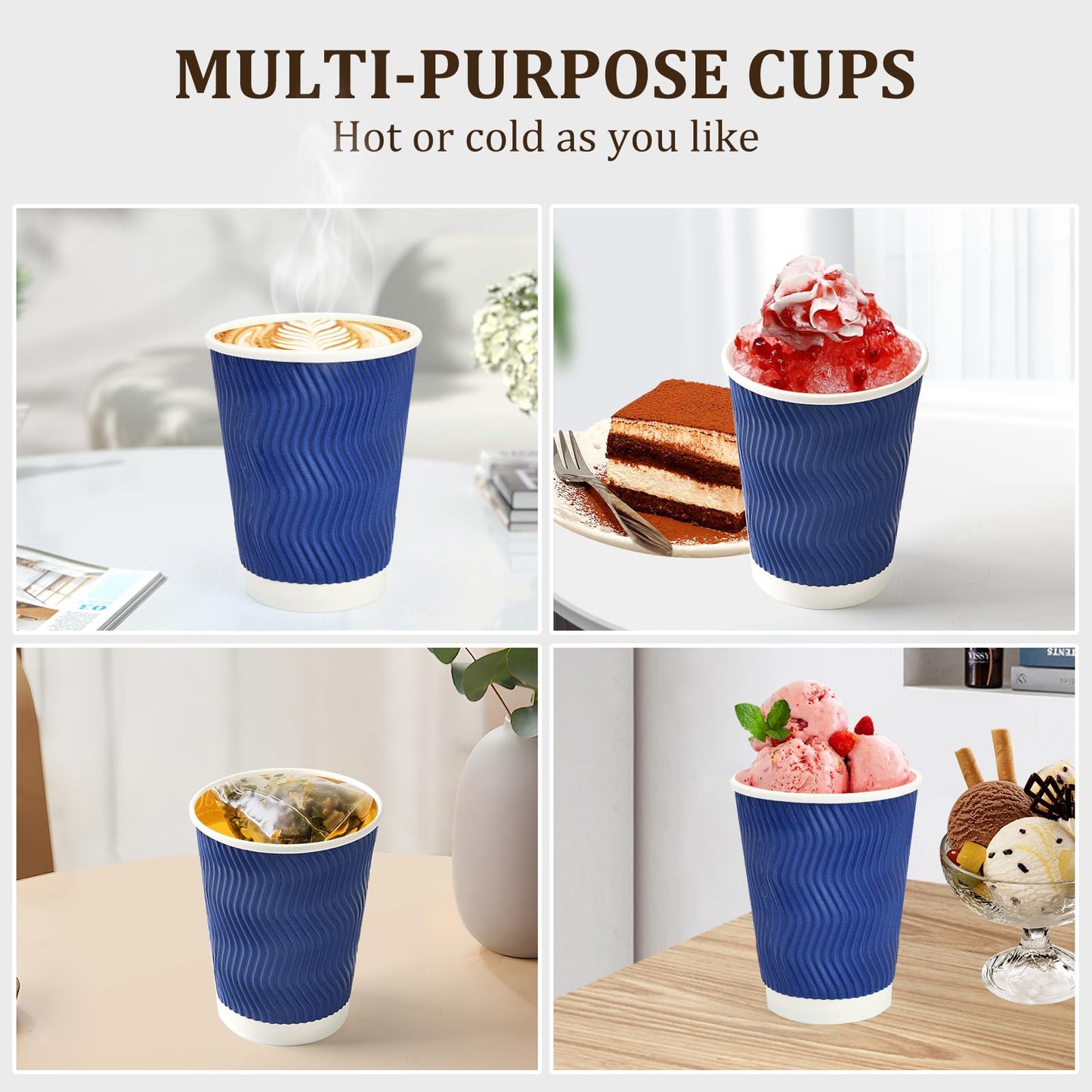 AIRE 100 Pack Disposable Coffee Cups with Lids 12 oz, To Go Coffee Cups with Lids & Straws, Insulated Paper Coffee Cups Hot Cups for Home, Office and Cafe-Blue