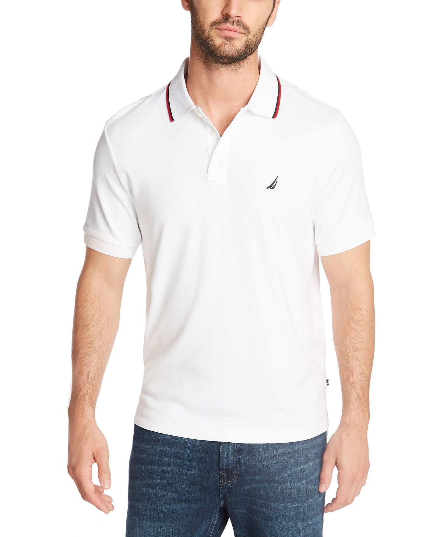 Nautica Men's Classic Fit Short Sleeve Dual Tipped Collar Polo Shirt, Bright White, Large