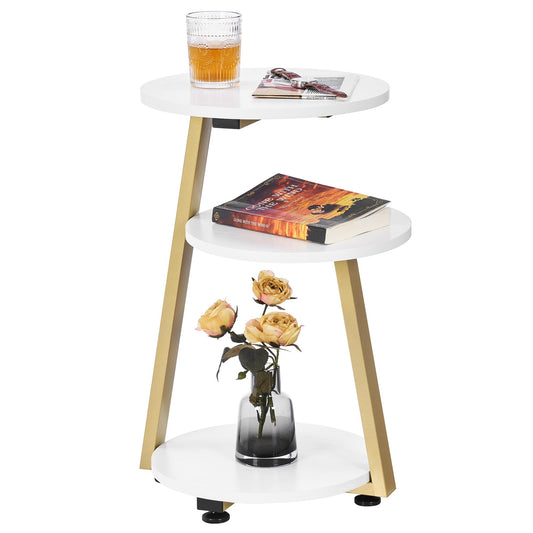 BEWISHOME Round End Table Side Table with Metal Frame, Accent Bedside Table Nightstand with 3-Tier Shelves, Small Table for Living Room Bedroom Couch Table Small Coffee Table White Gold KTZ41M