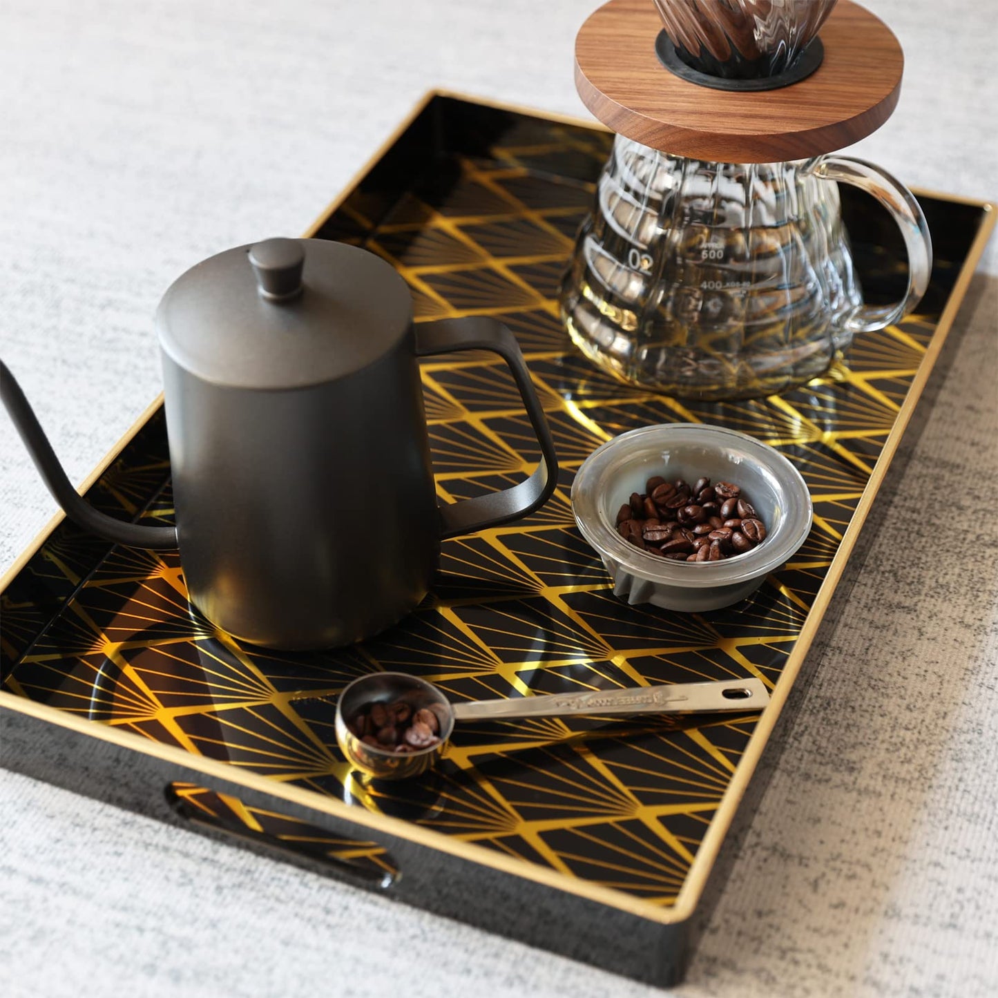 Spsyrine Black and Gold Decorative Tray for Living Room, 15.6” X 10.2" Modern Plastic Coffee Serving Table Tray for Ottoman Bathroom Kitchen (Rectangle)