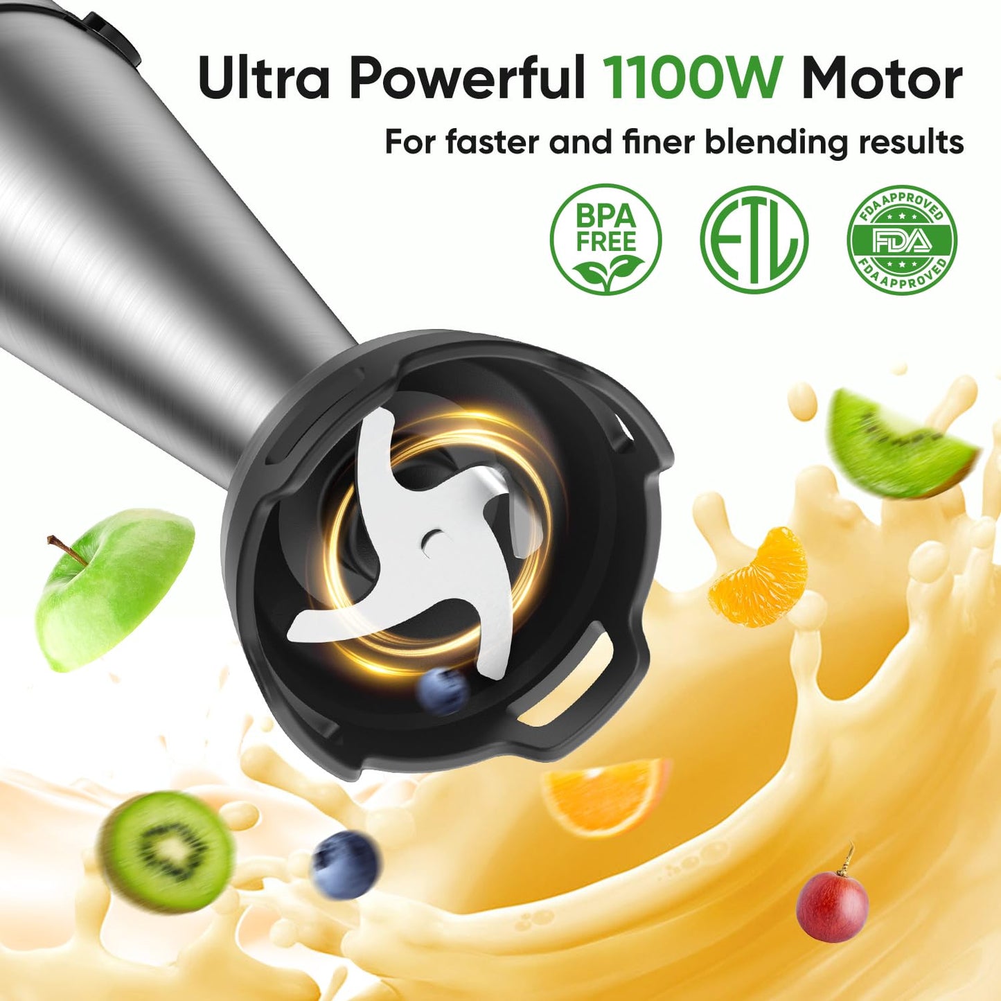 1100W Handheld Immersion Blender with Whisk & Frother