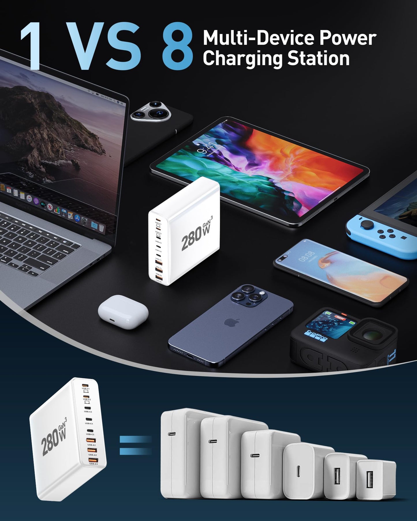 280W 8-Port USB C Charging Station