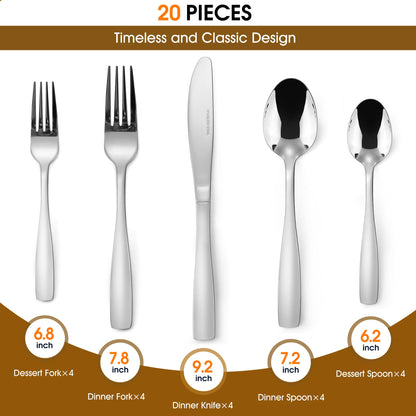 Barbbon Silverware Set, Mirror Polished 20-Piece Stainless Steel Flatware Set,Kitchen Utensil Set Service for 4,Tableware Cutlery Set for Home and Restaurant, Dishwasher Safe