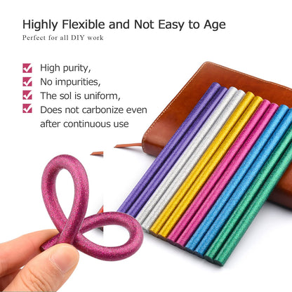 Hot glue gun kit, with 10 transparent glue sticks, 10 black glue sticks, 6 colored glue sticks, carving knife with 5 cutting heads, two pointed tweezers, 40W fast preheating glue gun