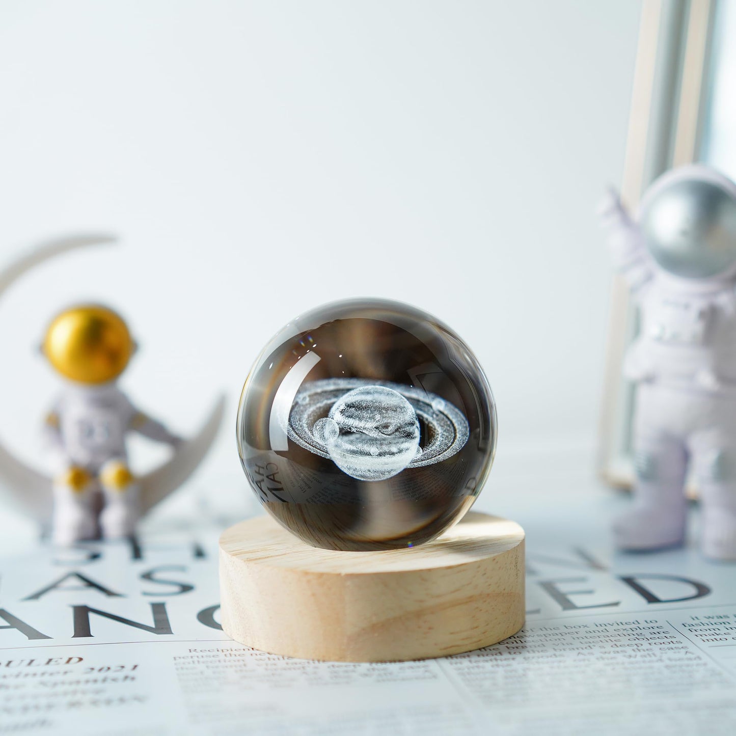 YU FENG 3D Engraved Saturn Crystal Ball on Wooden Base Ideal for Home Decor and Collectors