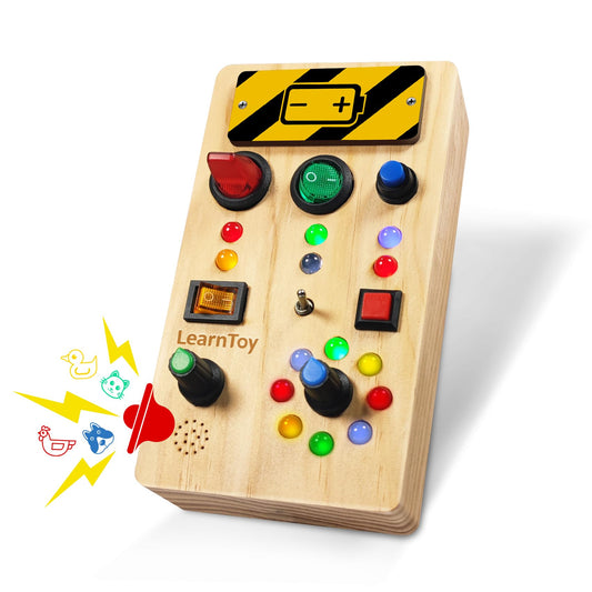 LearnToy Montessori Wooden Busy Board for Toddlers 1-3 Years - Sensory Learning Toy with LED Light Switches & Trumpet Horn - Portable Travel Activity Board for Baby Development
