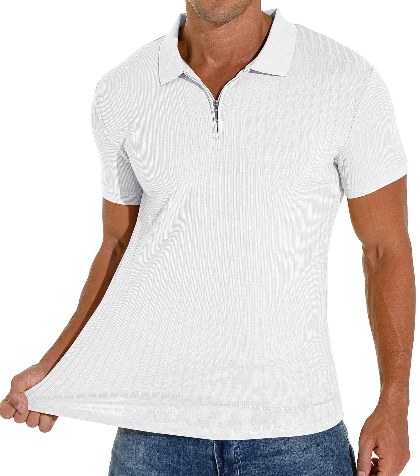 Askdeer Men's Zip Polo Shirts Classic Short Sleeve Stretch Slim Fit Casual T Shirts White