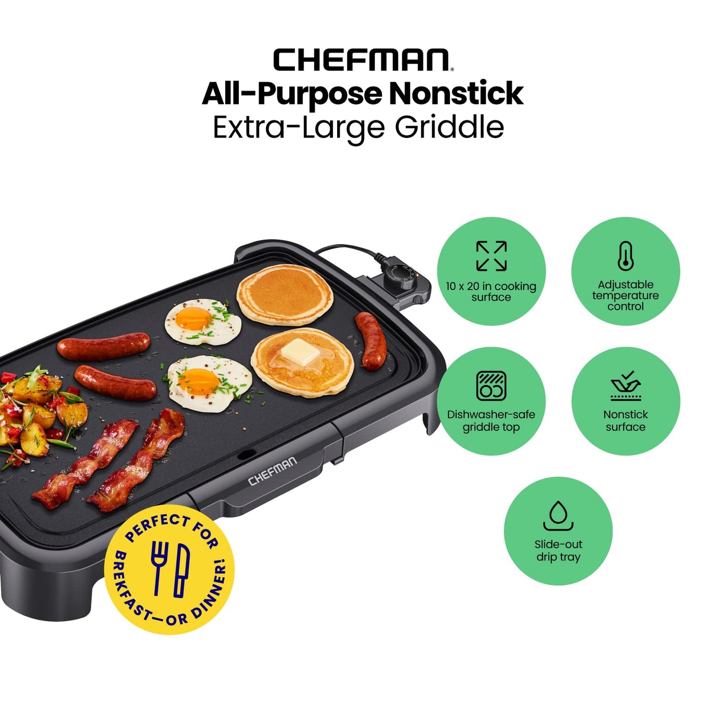 Chefman XL Electric Griddle with Removable Temperature Control, Immersible Flat Top Grill, Burger, Eggs, Pancake Griddle, Nonstick Extra Large Cooking Surface, Slide Out Drip Tray, 10 x 20 Inch