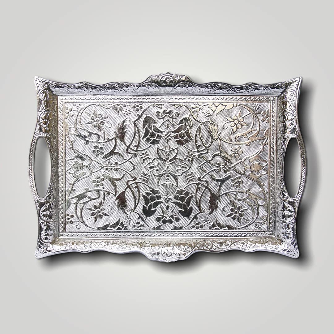 Alisveristime Ottoman Turkish Zamak Serving Tray with Traditional Motifs, Ideal for Coffee and Tea - Six Person Tray (14.5 x 9.85 in) (Silver)